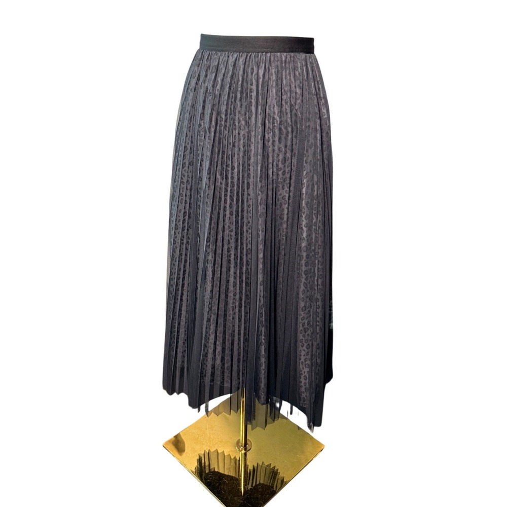 GLACIER Size L Gray Black Pleated Midi Skirt Sheer Animal Print Lined Japan